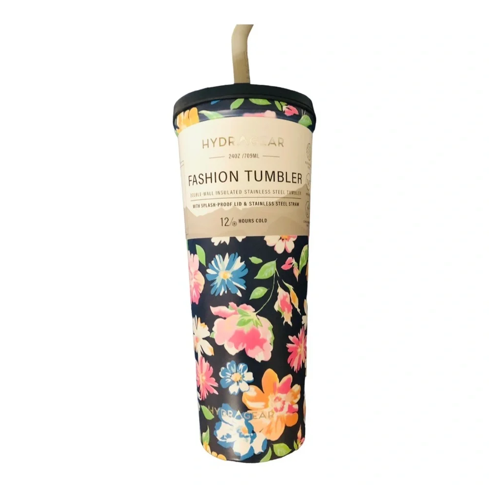 Hydrogear 24oz double wall insulated‎ stainless steel floral tumbler & straw new